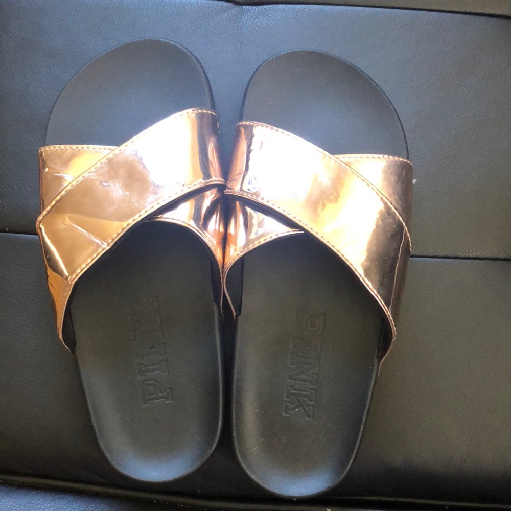 VICTORIA’S SECRET PINK Rose gold cross strap sandals. No size marked-possibly 6